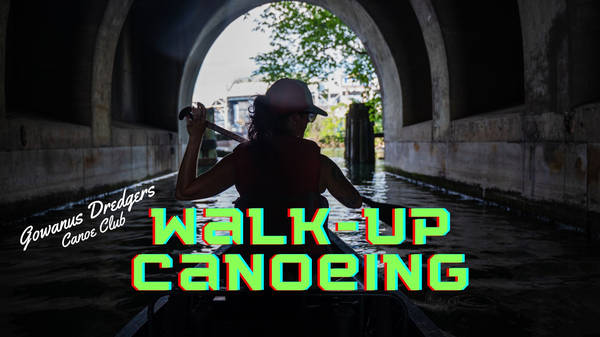 A woman sits in a canoe in a tunnel. The text "Walk-up canoeing" is in green below her.
